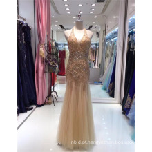 Sexy 2017 Halter Deep V Golden Crystal Beads Tassel Mermaid Evening Dresses